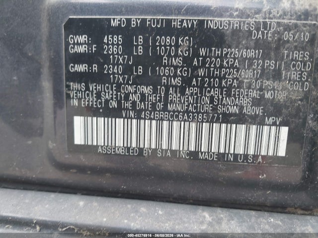 Продаж на аукціоні авто 2010 Subaru Outback 2.5i Premium, vin: 4S4BRBCC6A3385771, номер лоту: 45276916