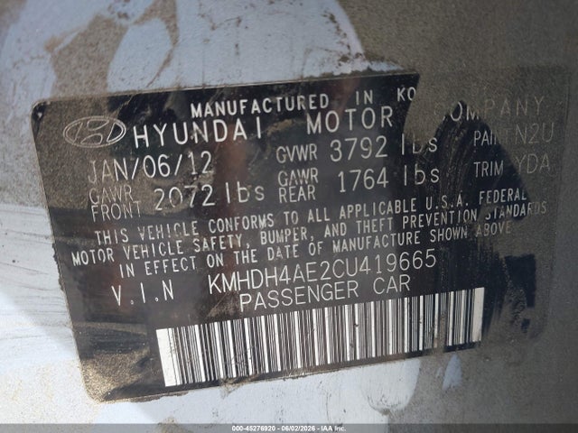 Продаж на аукціоні авто 2012 Hyundai Elantra Gls (ulsan Plant), vin: KMHDH4AE2CU419665, номер лоту: 45276920