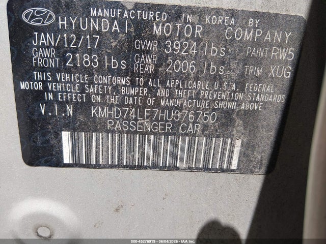 Продаж на аукціоні авто 2017 Hyundai Elantra Se, vin: KMHD74LF7HU376750, номер лоту: 45276919