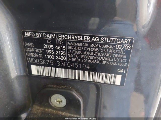 Aukcja sprzedaży 2003 Mercedes-benz Sl 500, vin: WDBSK75F33F045104, numer aukcji: 45276926
