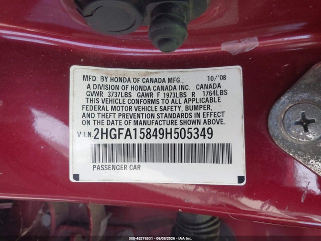 Продаж на аукціоні авто 2009 Honda Civic Ex, vin: 2HGFA15849H505349, номер лоту: 45276931