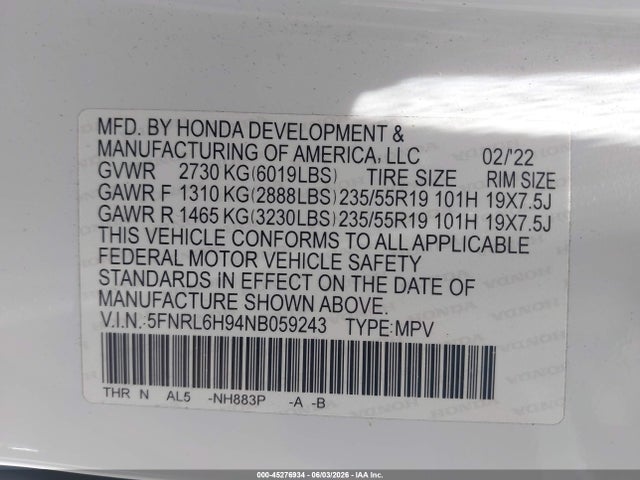 Honda Odyssey Elite 2022 5FNRL6H94NB059243 Image 9