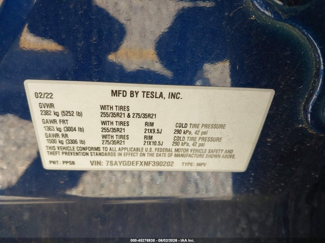 2022 Tesla Model Y Performance Dual Motor All-wheel Drive მანქანა იყიდება აუქციონზე, vin: 7SAYGDEFXNF390202, აუქციონის ნომერი: 45276938