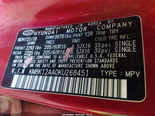 45276946 :رقم المزاد ، KM8K12AA0KU268451 vin ، 2019 Hyundai Kona Se مزاد بيع