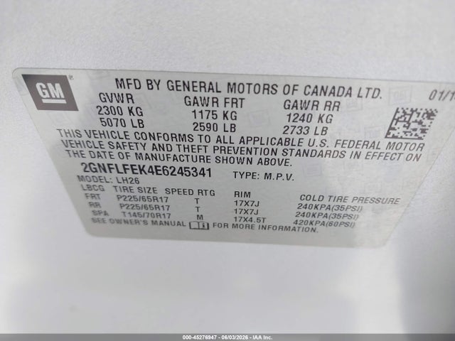 2GNFLFEK4E6245341 Chevrolet EQUINOX 1LT