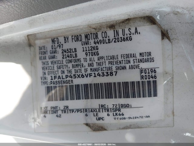 45276961 :رقم المزاد ، 1FALP45X6VF143387 vin ، 1997 Ford Mustang Gt مزاد بيع