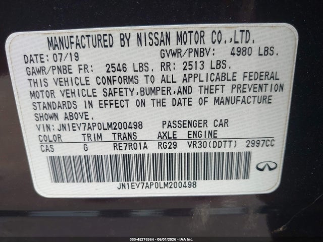 Продаж на аукціоні авто 2020 Infiniti Q50 Luxe, vin: JN1EV7AP0LM200498, номер лоту: 45276964