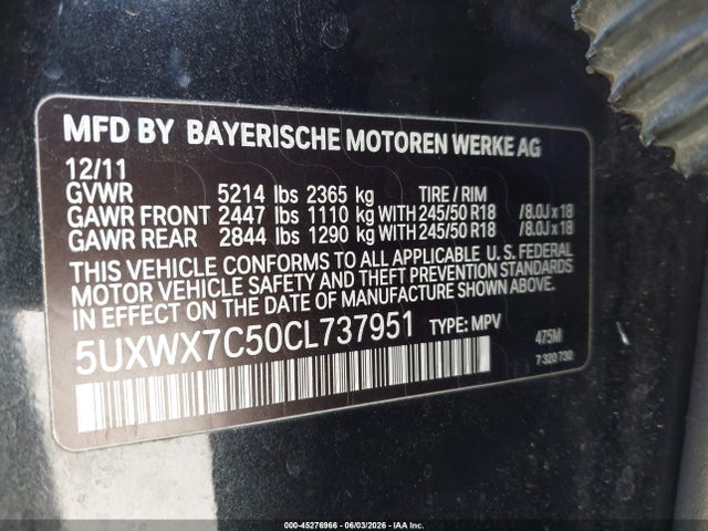 Aukcja sprzedaży 2012 Bmw X3 Xdrive35i, vin: 5UXWX7C50CL737951, numer aukcji: 45276966