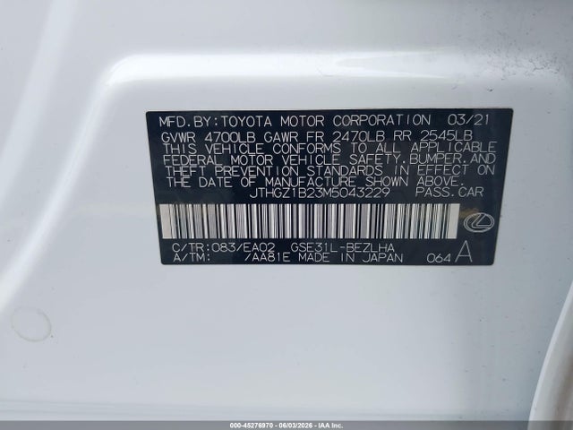 Продажа на аукционе авто 2021 Lexus Is 350 F Sport, vin: JTHGZ1B23M5043229, номер лота: 45276970