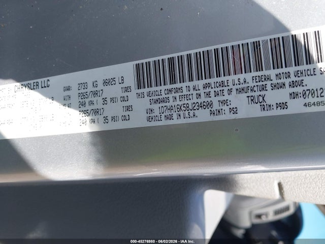45276980 :رقم المزاد ، 1D7HA16K58J234600 vin ، 2008 Dodge Ram 1500 St/sxt مزاد بيع