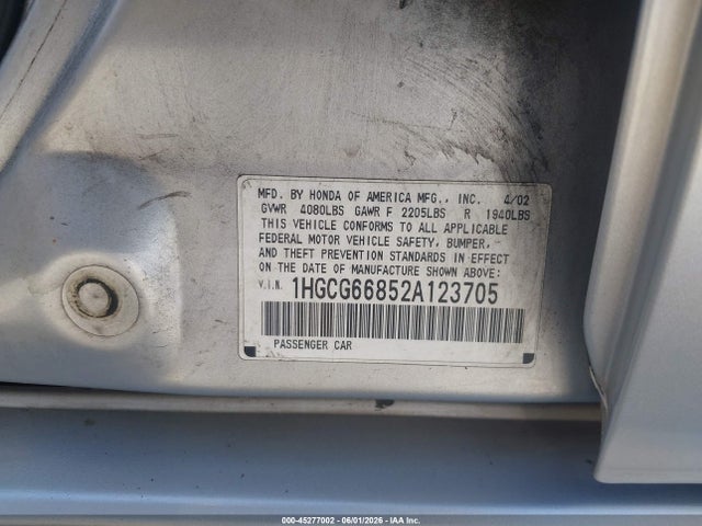 45277002 :رقم المزاد ، 1HGCG66852A123705 vin ، 2002 Honda Accord 2.3 Ex/2.3 Se مزاد بيع