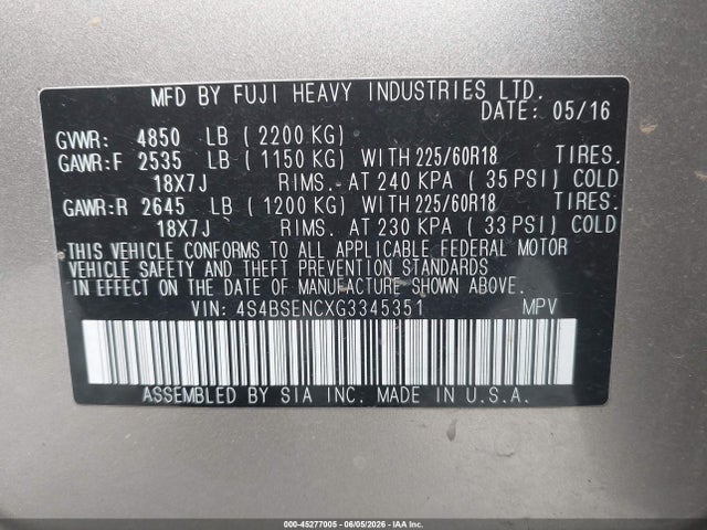 Subaru Outback 3.6r Limited 2016 4S4BSENCXG3345351 Image 9