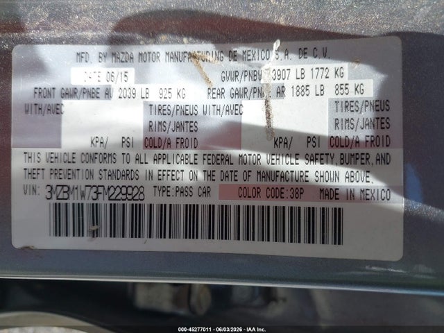45277011 :رقم المزاد ، 3MZBM1W73FM229928 vin ، 2015 Mazda Mazda3 I Grand Touring مزاد بيع