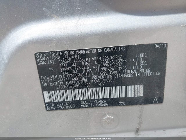 45277015 :رقم المزاد ، 2T3DK4DV9AW025159 vin ، 2010 Toyota Rav4 Limited V6 مزاد بيع