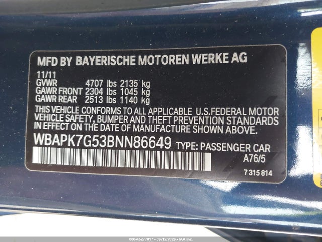 45277017 :رقم المزاد ، WBAPK7G53BNN86649 vin ، 2011 Bmw 328i Xdrive مزاد بيع