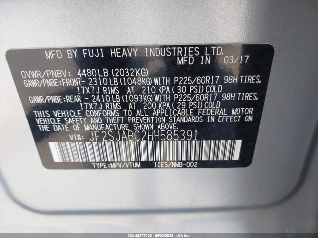 Aukcja sprzedaży 2017 Subaru Forester 2.5i, vin: JF2SJABC2HH585391, numer aukcji: 45277025