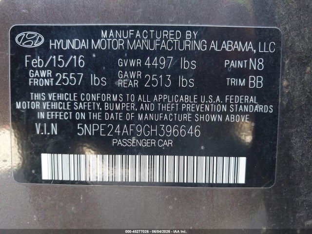 5NPE24AF9GH396646 Hyundai Sonata