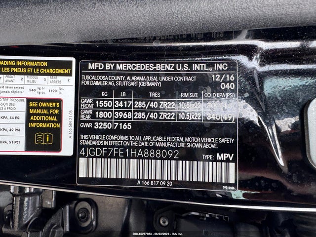 Aukcja sprzedaży 2017 Mercedes-benz Amg Gls 63 4matic, vin: 4JGDF7FE1HA888092, numer aukcji: 45277053