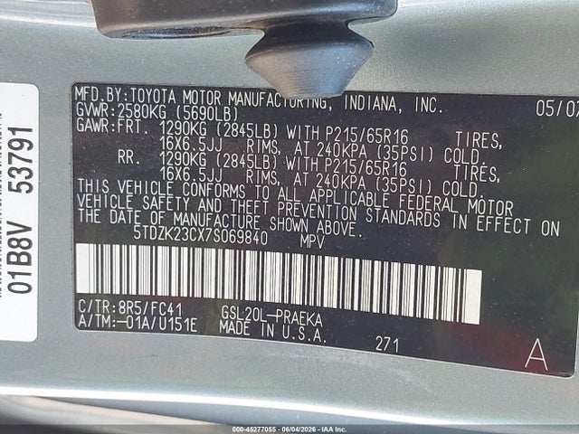 Aukcja sprzedaży 2007 Toyota Sienna Le, vin: 5TDZK23CX7S069840, numer aukcji: 45277055