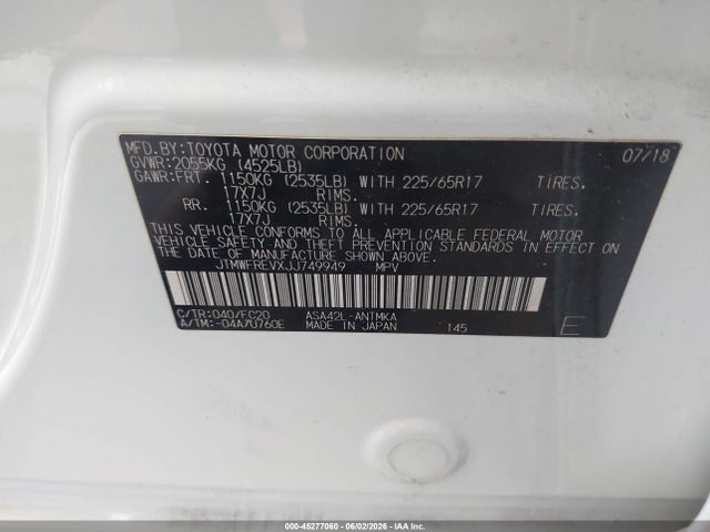 Продажа на аукционе авто 2018 Toyota Rav4 Xle, vin: JTMWFREVXJJ749949, номер лота: 45277060