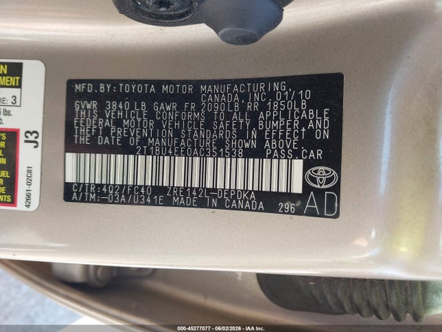 Продажа на аукционе авто 2010 Toyota Corolla Le, vin: 2T1BU4EE0AC351538, номер лота: 45277077