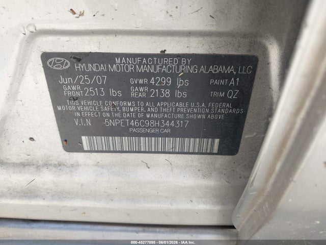 Продажа на аукционе авто 2008 Hyundai Sonata Gls, vin: 5NPET46C98H344317, номер лота: 45277095