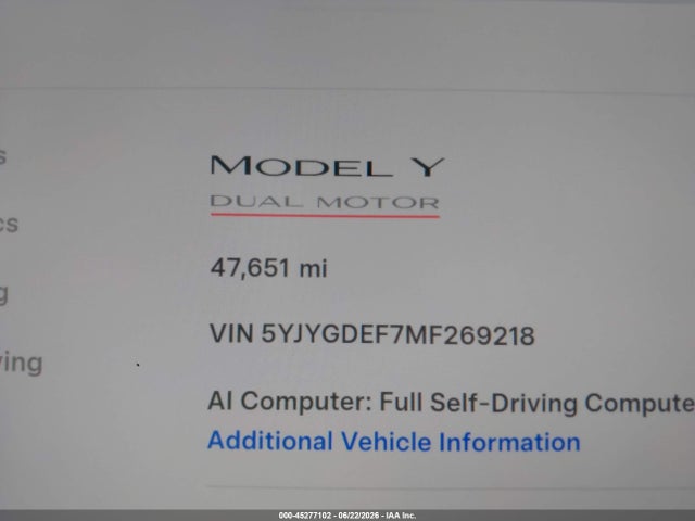 Aukcja sprzedaży 2021 Tesla Model Y Performance Dual Motor All-wheel Drive, vin: 5YJYGDEF7MF269218, numer aukcji: 45277102