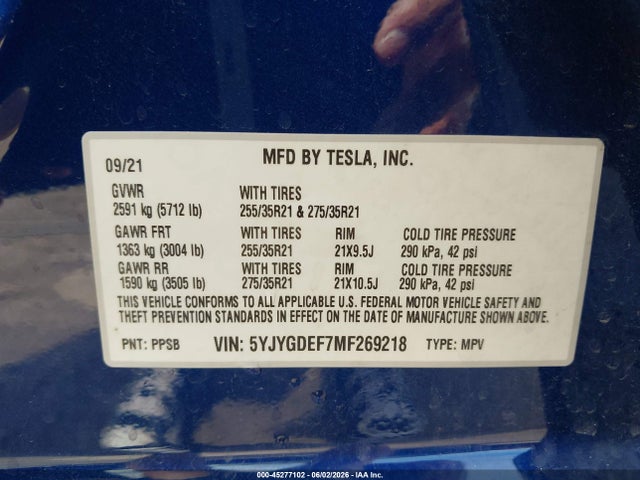 Aukcja sprzedaży 2021 Tesla Model Y Performance Dual Motor All-wheel Drive, vin: 5YJYGDEF7MF269218, numer aukcji: 45277102