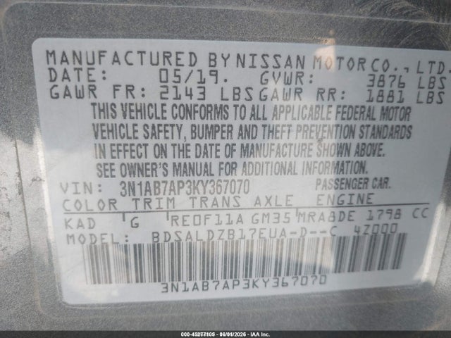 Nissan SENTRA SV 2019 3N1AB7AP3KY367070 Image 9