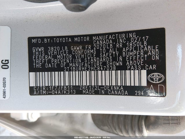 45277108 :رقم المزاد ، 2T1BURHE2HC847038 vin ، 2017 Toyota Corolla Le مزاد بيع