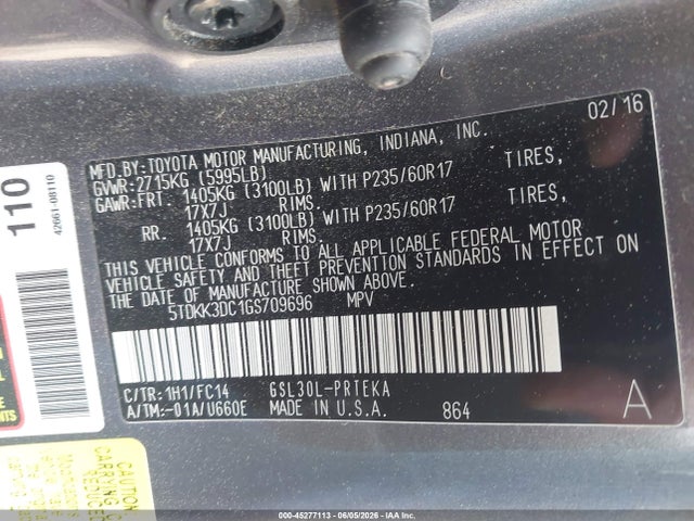 2016 Toyota Sienna Le 8 Passenger მანქანა იყიდება აუქციონზე, vin: 5TDKK3DC1GS709696, აუქციონის ნომერი: 45277113