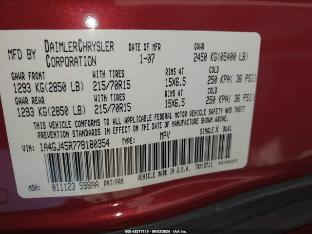 45277119 :رقم المزاد ، 1A4GJ45R77B180354 vin ، 2007 Chrysler Town & Country مزاد بيع