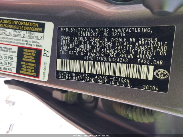 Aukcja sprzedaży 2017 Toyota Camry Se, vin: 4T1BF1FK9HU334243, numer aukcji: 45277145