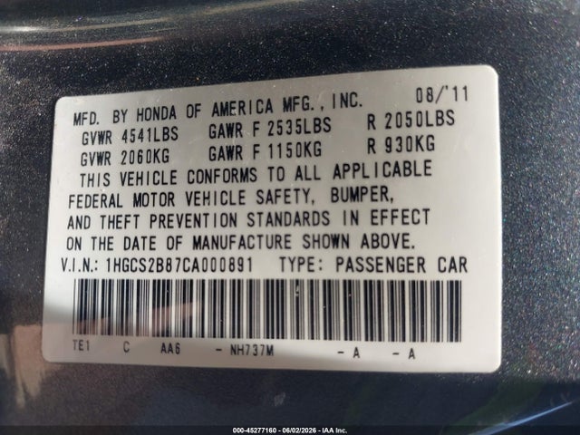 Продаж на аукціоні авто 2012 Honda Accord 3.5 Ex-l, vin: 1HGCS2B87CA000891, номер лоту: 45277160