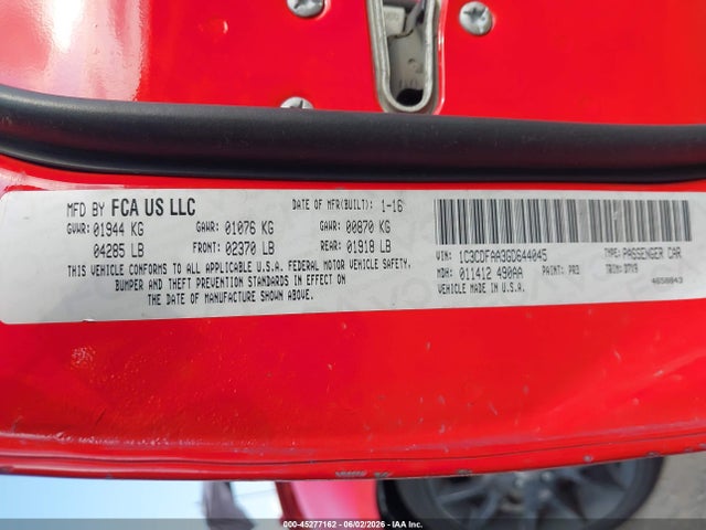 45277162 :رقم المزاد ، 1C3CDFAA3GD644045 vin ، 2016 Dodge Dart Se مزاد بيع
