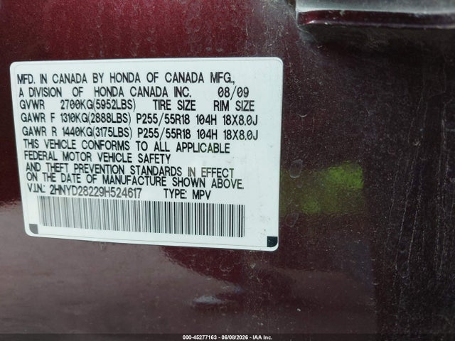 Aukcja sprzedaży 2009 Acura Mdx, vin: 2HNYD28229H524617, numer aukcji: 45277163