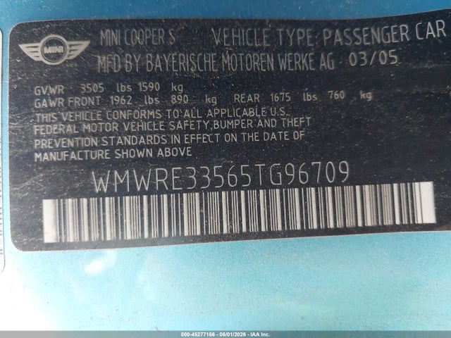 2005 Mini Cooper S მანქანა იყიდება აუქციონზე, vin: WMWRE33565TG96709, აუქციონის ნომერი: 45277166