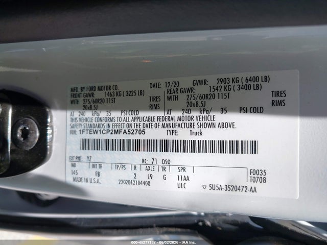 2021 Ford F-150 Xlt მანქანა იყიდება აუქციონზე, vin: 1FTEW1CP2MFA52705, აუქციონის ნომერი: 45277187