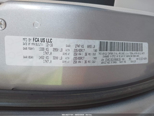 45277191 :رقم المزاد ، 2C4RC1BG1KR609136 vin ، 2019 Chrysler Pacifica Touring L مزاد بيع
