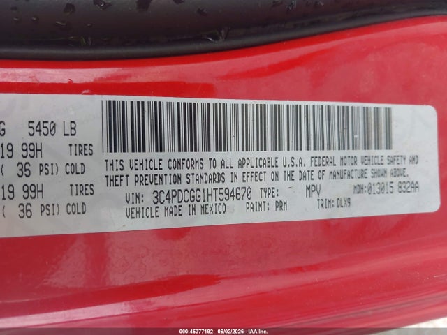 45277192 :رقم المزاد ، 3C4PDCGG1HT594670 vin ، 2017 Dodge Journey Crossroad Plus مزاد بيع