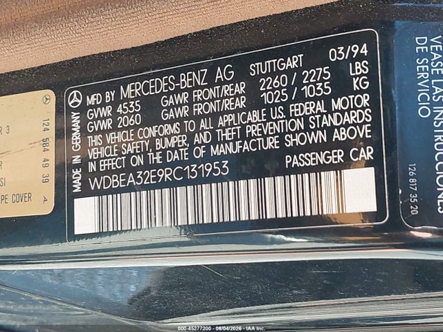 45277200 :رقم المزاد ، WDBEA32E9RC131953 vin ، 1994 Mercedes-benz E 320 مزاد بيع