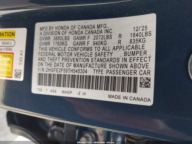 Honda Civic Sport 2026 2HGFE2F59TH545304 Image 9