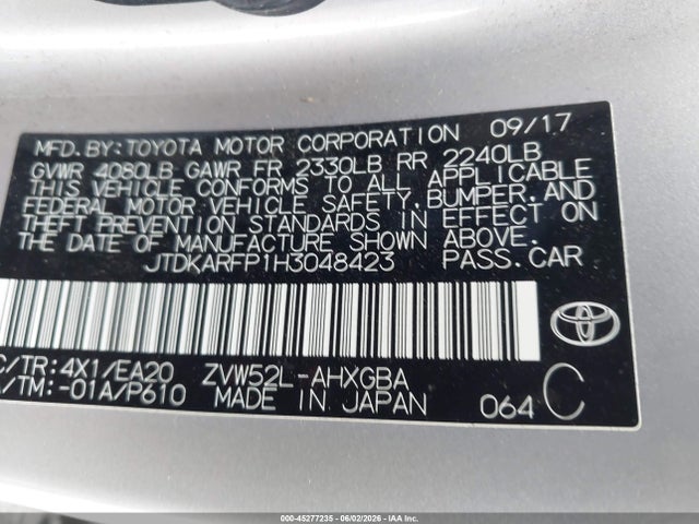 45277235 :رقم المزاد ، JTDKARFP1H3048423 vin ، 2017 Toyota Prius Prime Premium مزاد بيع