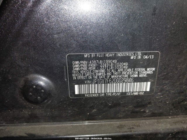 2013 Subaru Impreza Wrx Premium მანქანა იყიდება აუქციონზე, vin: JF1GV7F62DG029846, აუქციონის ნომერი: 45277239