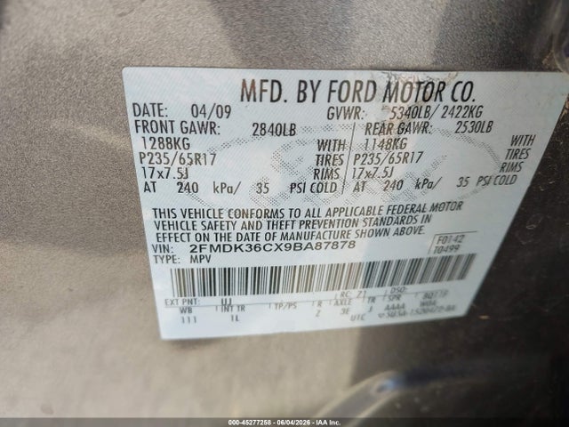 45277258 :رقم المزاد ، 2FMDK36CX9BA87878 vin ، 2009 Ford Edge Se مزاد بيع
