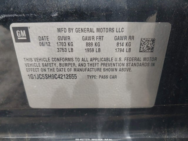 2012 Chevrolet Sonic 2lt მანქანა იყიდება აუქციონზე, vin: 1G1JC5SH9C4212655, აუქციონის ნომერი: 45277279