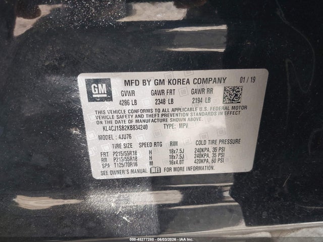 Aukcja sprzedaży 2019 Buick Encore Fwd Sport Touring, vin: KL4CJ1SB2KB834240, numer aukcji: 45277280