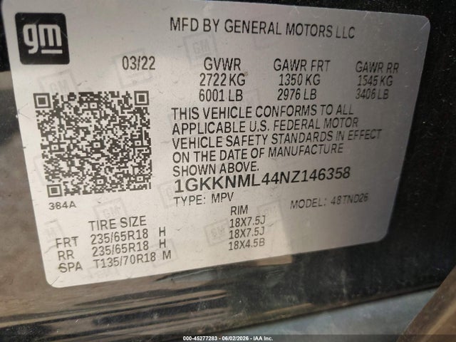1GKKNML44NZ146358 GMC Acadia Fwd Slt