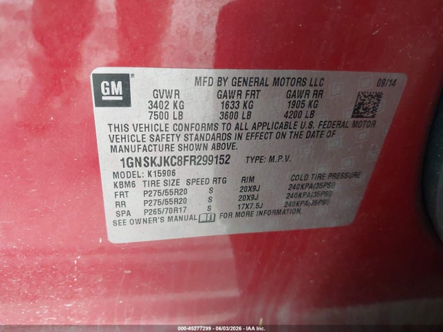 Продаж на аукціоні авто 2015 Chevrolet Suburban 1500 Lt, vin: 1GNSKJKC8FR299152, номер лоту: 45277299