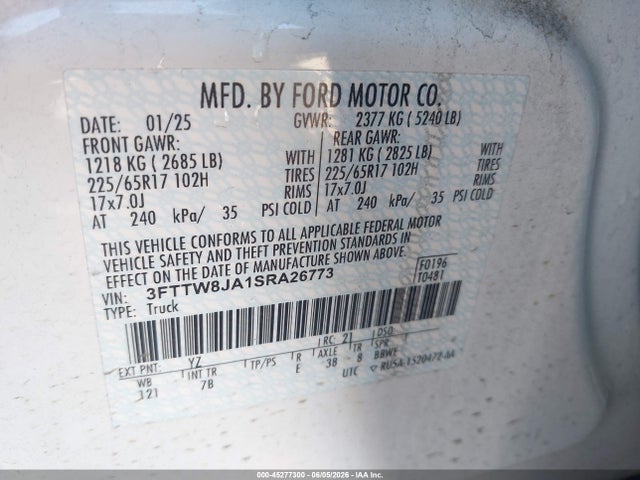 Aukcja sprzedaży 2025 Ford Maverick Xlt, vin: 3FTTW8JA1SRA26773, numer aukcji: 45277300